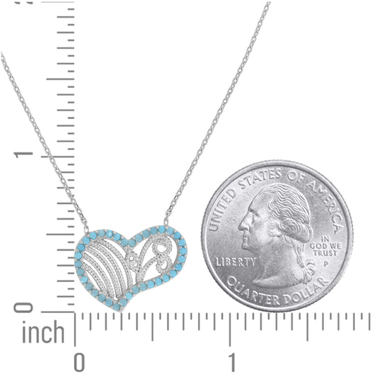 Sterling Silver Women Turquoise Cubic Zirconia Rolo Link Heart Necklace