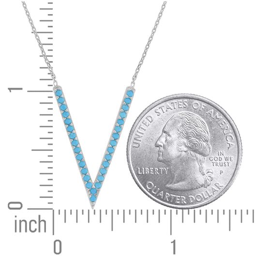 Sterling Silver Women Turquoise Cubic Zirconia Rolo Link Fashion V Shape Necklace