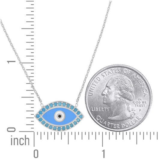 Sterling Silver Women Turquoise Cubic Zirconia Rolo Link Evil Eye Turquoise & White Enamel Necklace