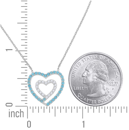 Sterling Silver Women Turquoise & White Cubic Zirconia Rolo Link Heart Necklace
