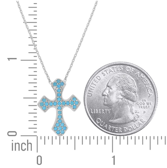 Sterling Silver Women Turquoise Cubic Zirconia Rolo Link Cross Necklace