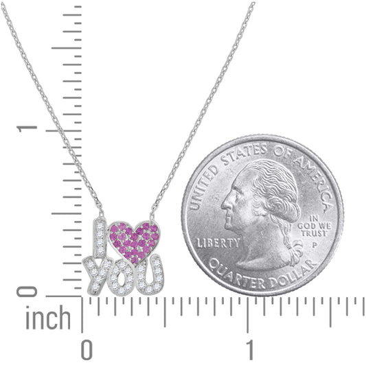 Sterling Silver Women Pink & White Cubic Zirconia Rolo Link I Love You Heart Necklace
