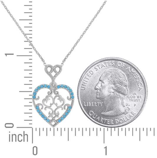 Sterling Silver Women Turquoise Cubic Zirconia Rolo Link Love & Hearts Heart Necklace
