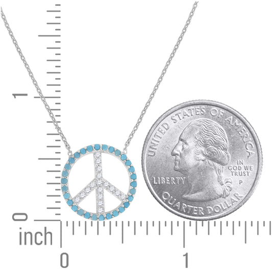 Sterling Silver Women Turquoise & White Cubic Zirconia Rolo Link Peace Symbol Necklace
