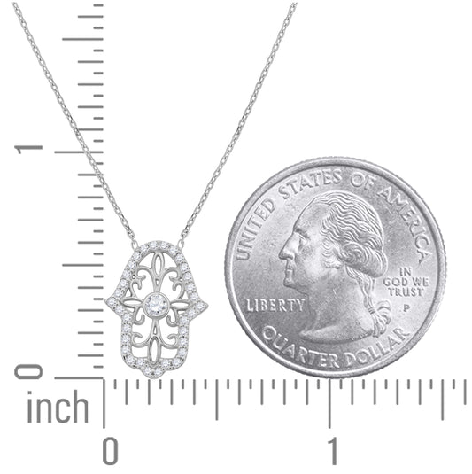 Sterling Silver Women Cubic Zirconia Rolo Link Humsa Necklace