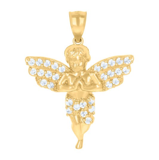 10K Yellow Gold Mens Cubic-Zirconia Praying Angel Religious Charm Pendant