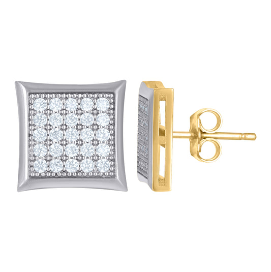 10K Two-Tone Gold Mens Cubic-Zirconia Cubic Zirconia 10mm Square Cluster Stud Earrings