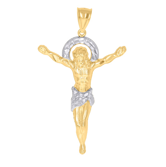 10K Two-Tone Gold Mens Textured Crucifix Religious Charm Pendant