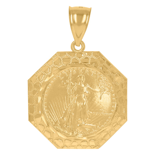 10K Yellow Gold Mens Nugget Lady Of Liberty Medallion Charm Pendant
