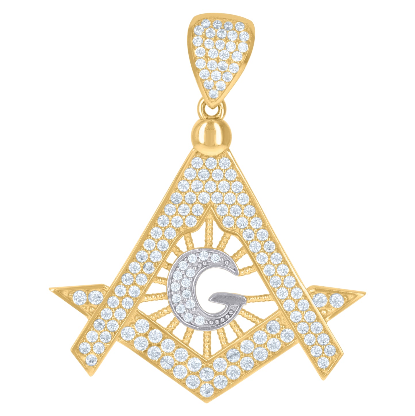 10K Two-Tone Gold Mens Cubic Zirconia Freemason Masonic Charm Pendant