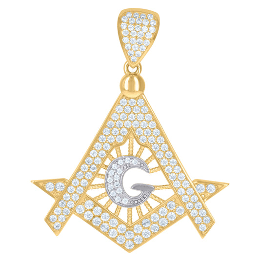 10K Two-Tone Gold Mens Cubic Zirconia Freemason Masonic Charm Pendant