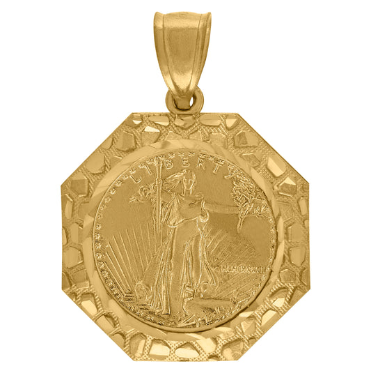 10K Yellow Gold Mens Nugget Lady Of Liberty Medallion Charm Pendant