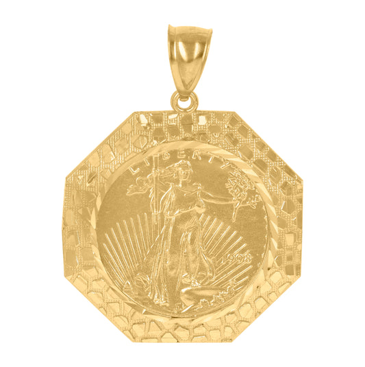10K Yellow Gold Diamond-Cut Mens Lady Liberty Octagon Medallion Charm Pendant