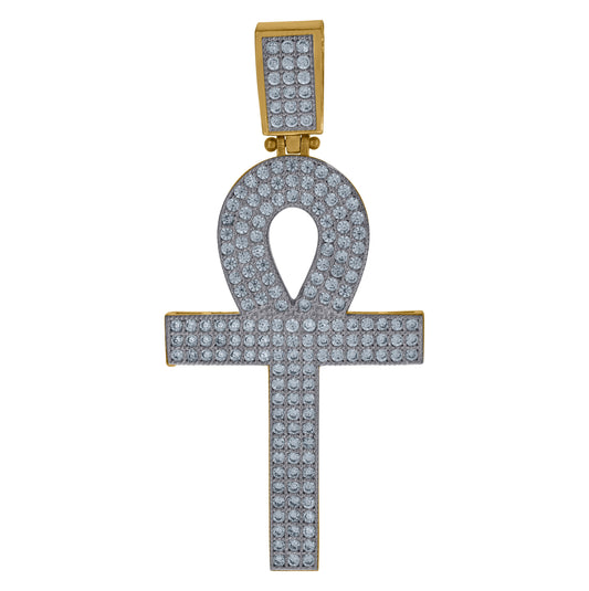 10K Gold Two-Tone Cubic-Zirconia Mens Ankh Cross Religious Charm Pendant