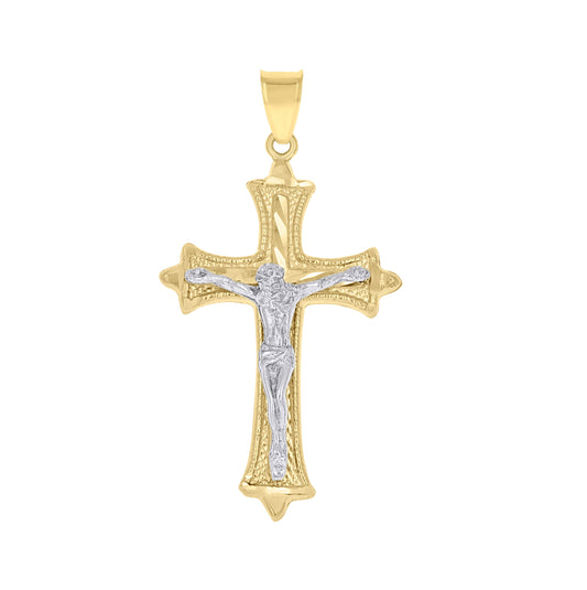10K Two-Tone Gold Mens Women Diamond-Cut Crucifix Cross Religious Charm Pendant