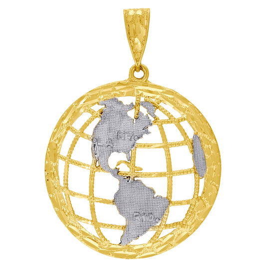 10K Two-Tone Gold Mens Diamond-Cut Textured Globe Charm Pendant