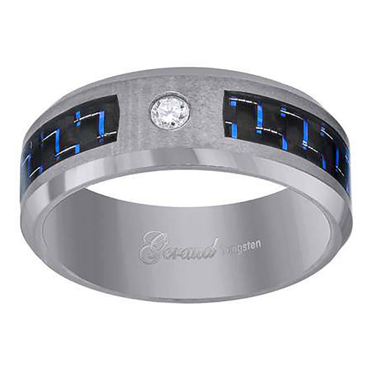 Tungsten Blue-Black Carbon Fiber Inlay Cubic Zirconia Mens Comfort-fit 8mm Size-7-14 Bridal Anniversary Engagement Wedding Band