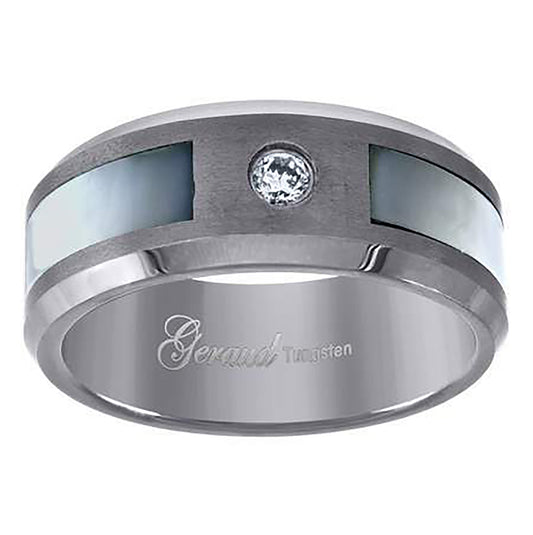 Tungsten Abalone Shell Inlay Cubic Zirconia Center Mens Comfort-fit 8mm Size-7-14 Bridal Anniversary Engagement Wedding Band