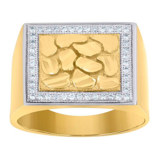 10K Two-Tone Gold Mens Cubic Zirconia Diamond Cut Nugget Square Head Ring