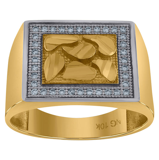 10K Two-Tone Gold Mens Cubic Zirconia Nugget Diamond Cut Textured Square Signet Ring