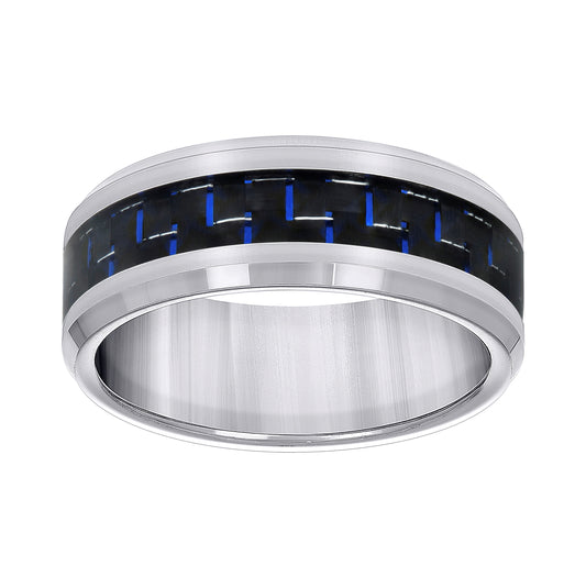 Tungsten Blue Carbon Fiber Inlay Polished Beveled Edges Comfort-fit 8mm Sizes 7 - 14 Bridal Anniversary Engagement Wedding Band