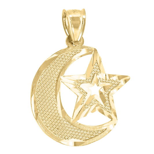 10K Yellow Gold Mens Moon & Star Celestial Charm Pendant