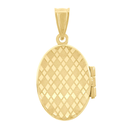 14K Gold Unisex Checkered Oval Locket Pendant