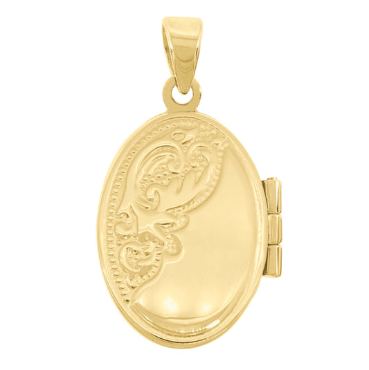14K Gold Unisex Engraved Oval Locket Pendant