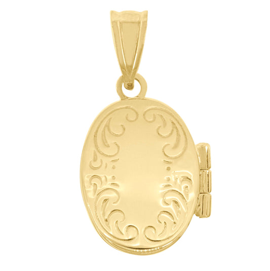14K Gold Unisex Engraved Oval Locket Pendant
