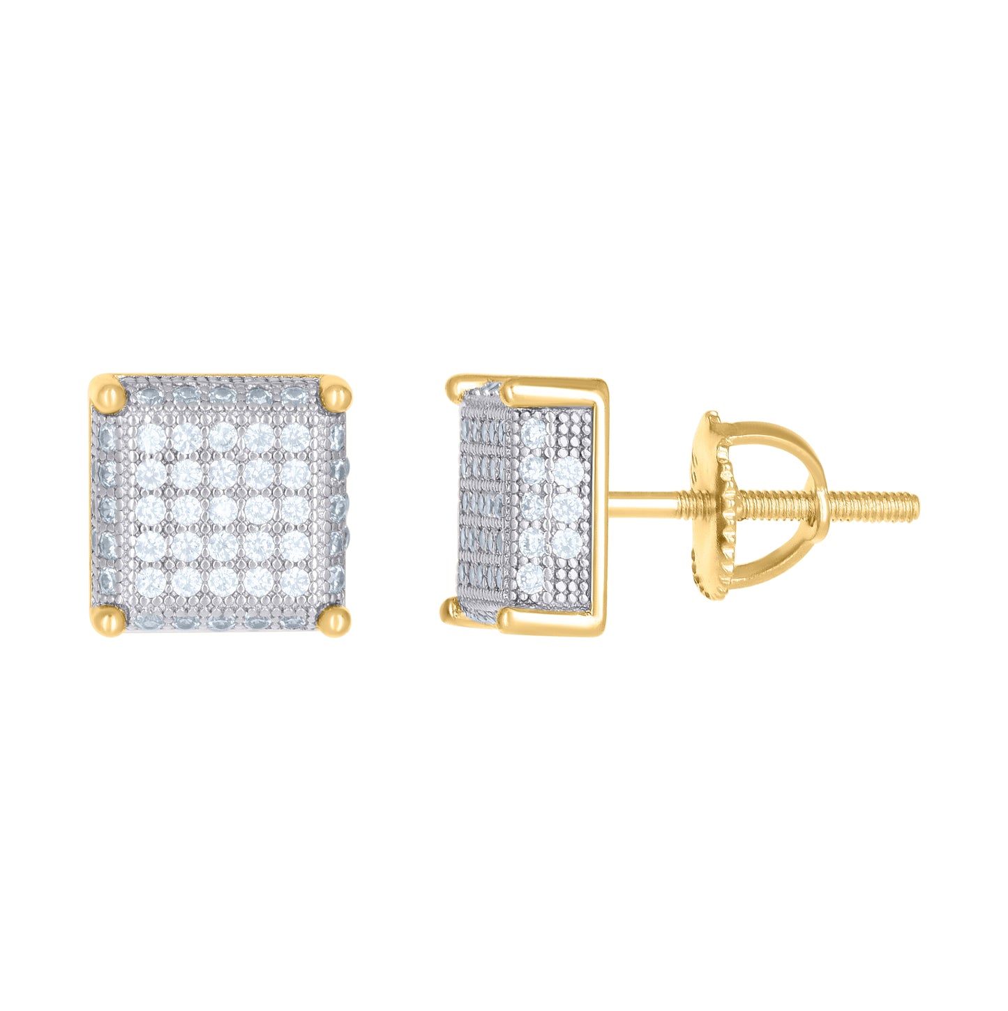 Sterling Silver Or Yellow-Tone Unisex Cubic-Zirconia Square Fashion Stud Earrings