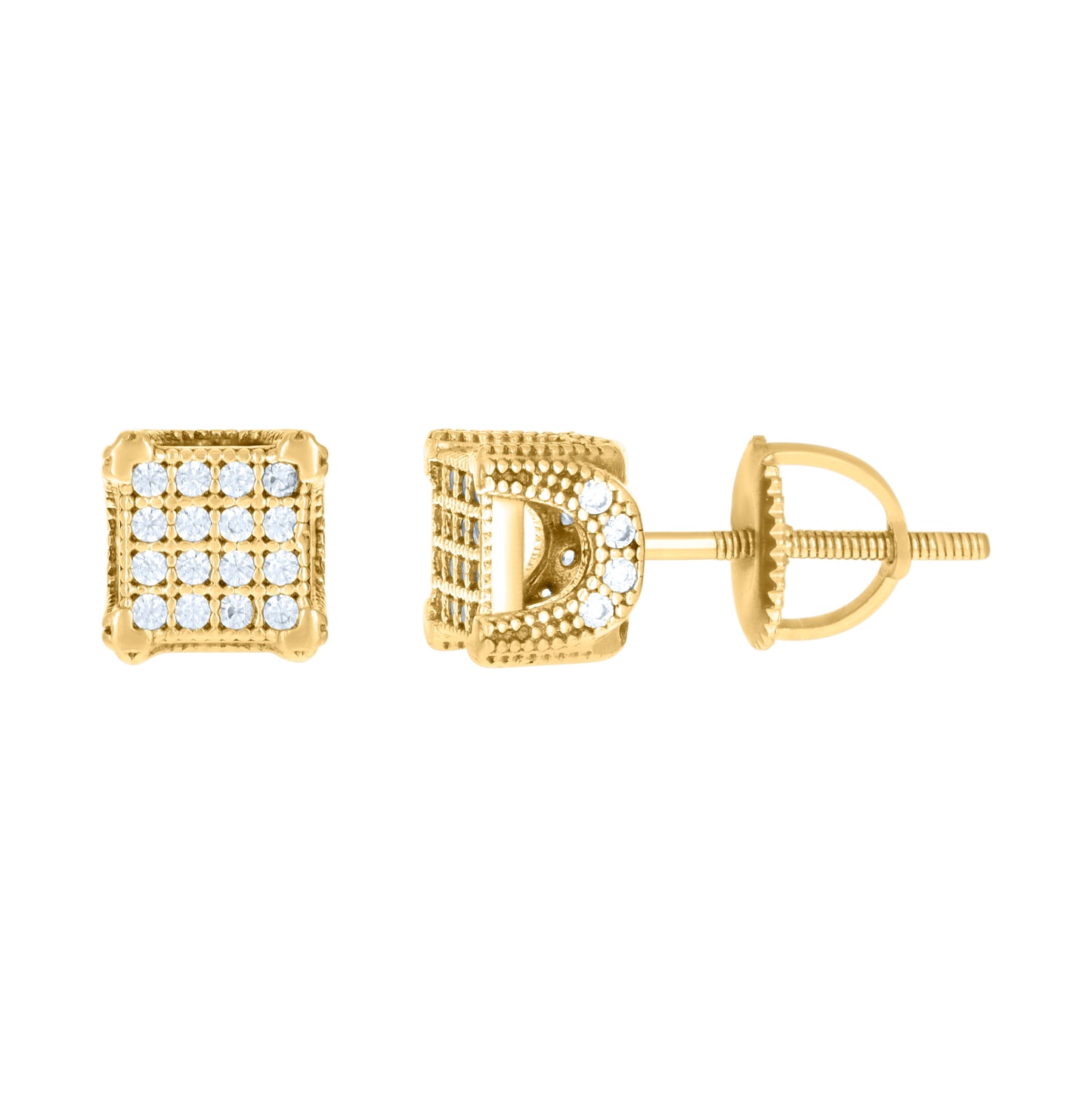 Sterling Silver Or Yellow-Tone Unisex Cubic-Zirconia Square Fashion Stud Earrings