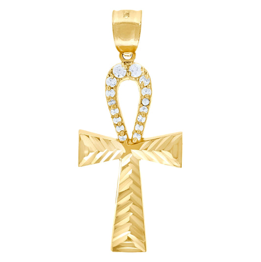10K Yellow Gold Unisex Cubic-Zirconia Egyptian Ankh Cross Religious Charm Pendant