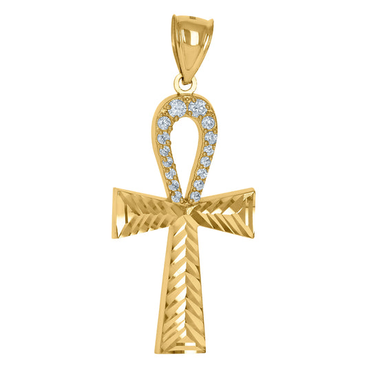 10K Yellow Gold Mens Cubic Zirconia Ankh Cross Egyptian Religious Charm Pendant