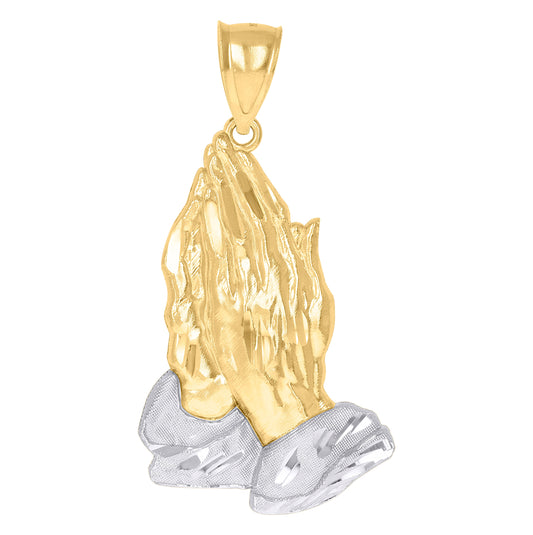 10K Gold Two-Tone Textured Mens Praying Hands Religious Charm Pendant