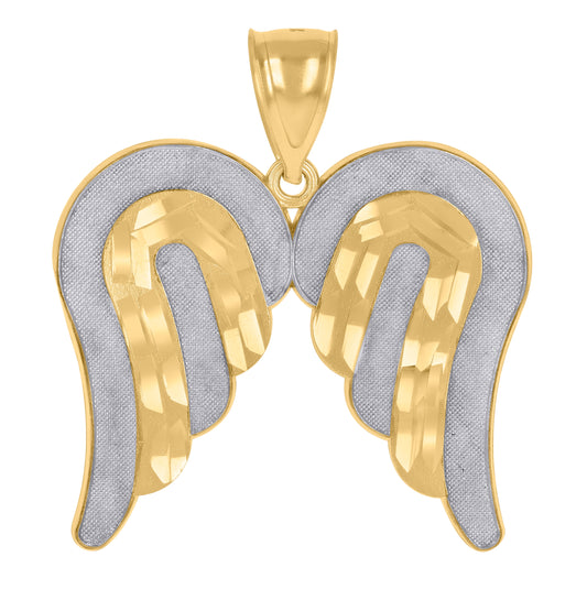 10K Gold Two-Tone Diamond-Cut Textured Mens Angel Wings Religious Charm Pendant