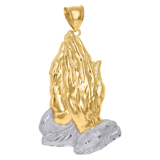 10K Gold Two-Tone Textured Mens Praying Hands Religious Charm Pendant