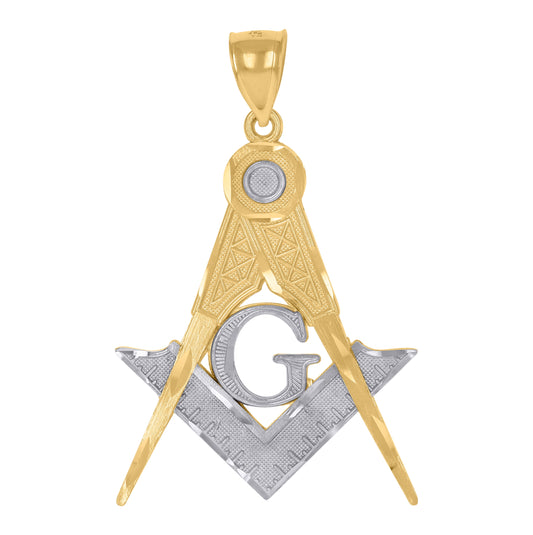 10K Gold Two-Tone Textured Mens Masonic Religious Charm Pendant