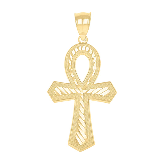 10K Two-Tone Gold Unisex Textured Ankh Cross Religious Charm Pendant