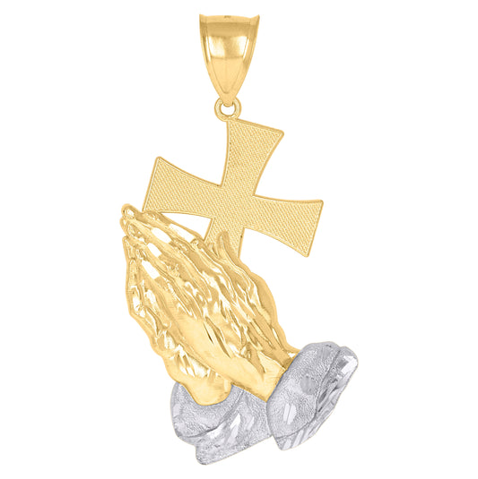 10K Two-Tone Gold Mens Women Praying Hands Cross Religious Charm Pendant