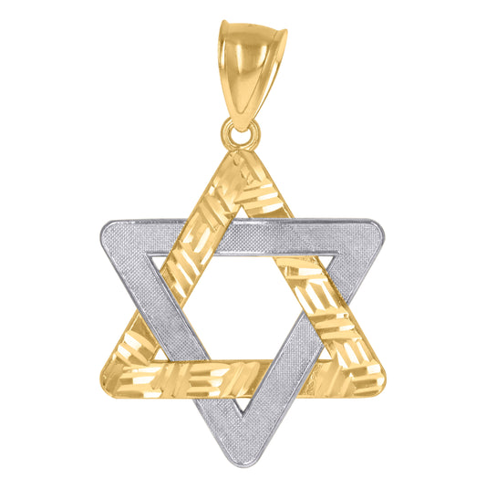 10K Gold Diamond-Cut Two-Tone Textured Mens Star Of David Religious Charm Pendant