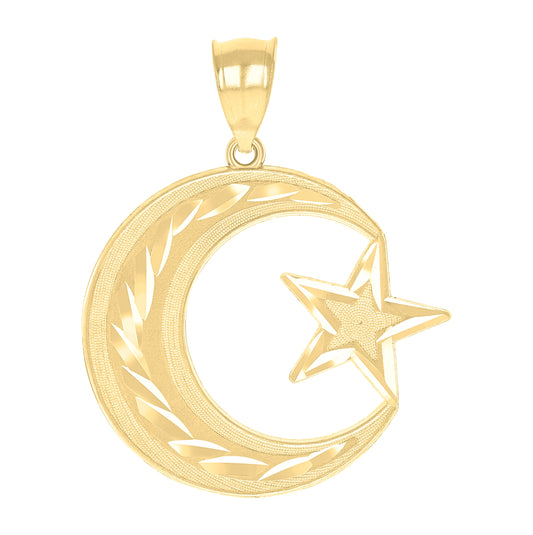 10K Two-Tone Gold Mens Diamond-Cut Star Moon Charm Pendant