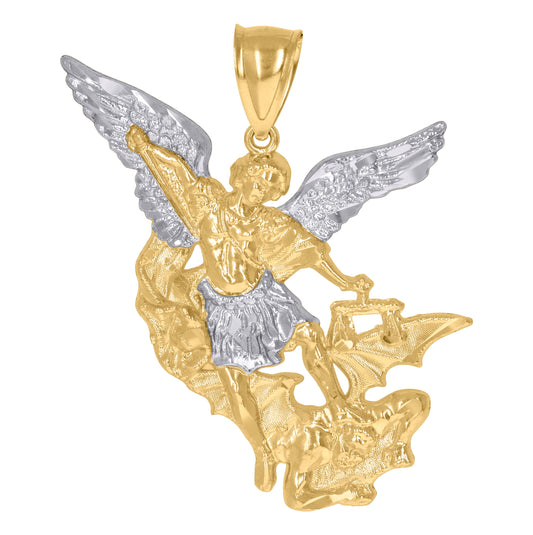 10K Gold Two-Tone Diamond-Cut Mens Saint Michael Slaying Dragon Religious Charm Pendant