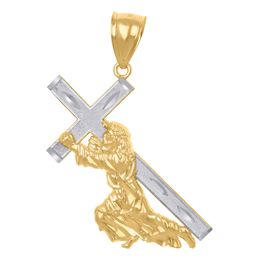 10K Gold Two-Tone Diamond-Cut Mens Jesus Carrying Cross Religious Charm Pendant