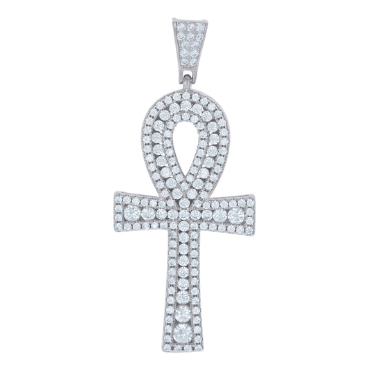 Sterling Silver Unisex Cubic-Zirconia Ankh Cross Religious Charm Pendant