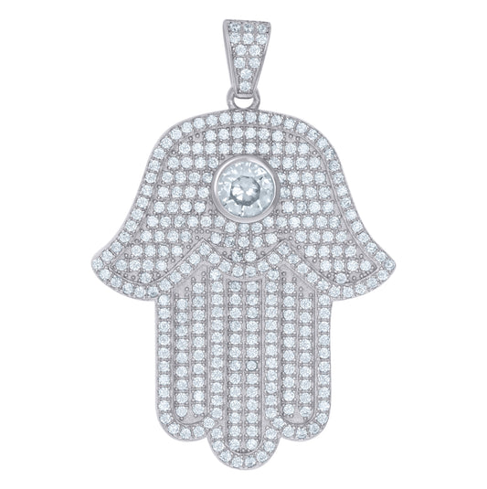 Sterling Silver Mens Cubic Zirconia Religious Hamsa Charm Pendant