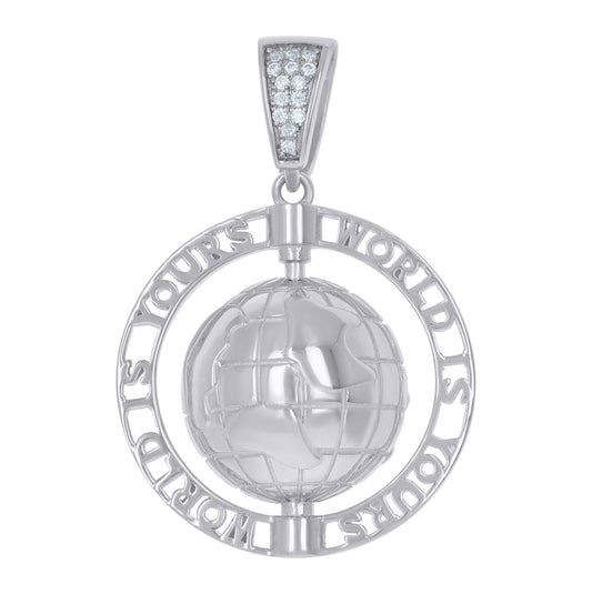 Sterling Silver Men Cubic-Zirconia World Map Globe Maps Charm Pendant