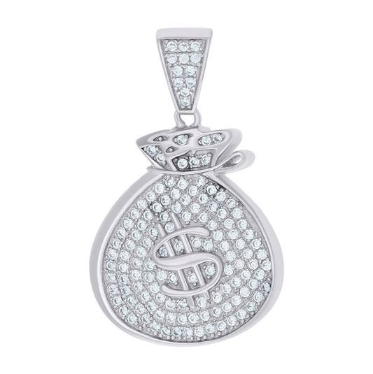 Sterling Silver Mens Round Cubic Zirconia Money Bag Cluster Charm Pendant
