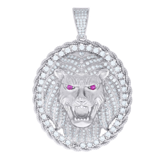 Sterling Silver Mens Pink Cubic Zirconia Lion Head Animal Charm Pendant