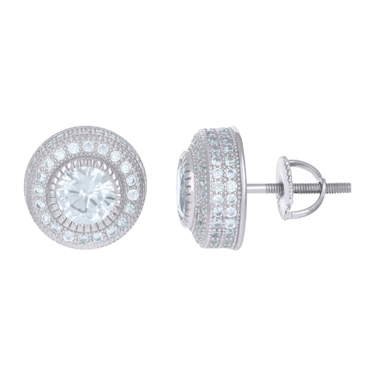 Sterling Silver Unisex Cubic Zirconia Round Stud Earrings