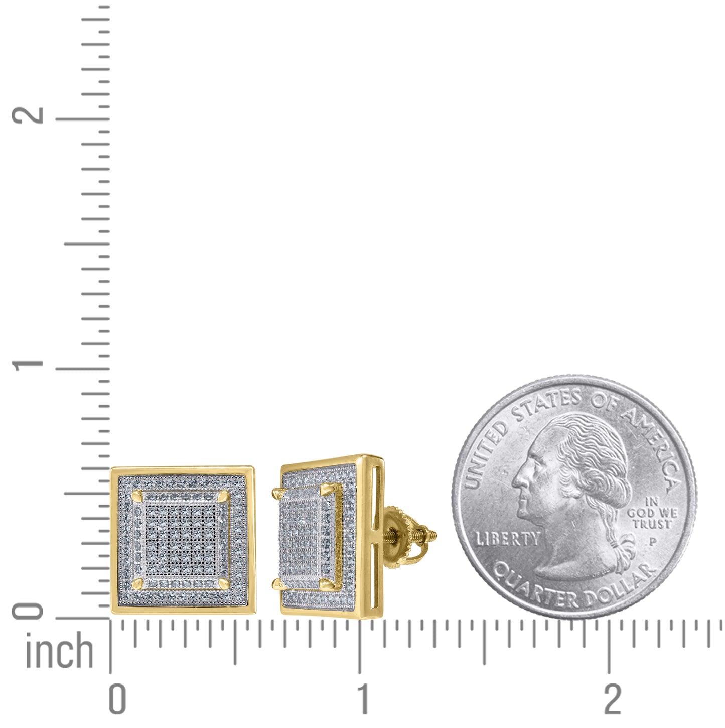 Sterling Silver Yellow-Tone Unisex Cubic Zirconia Square Stud Earrings
